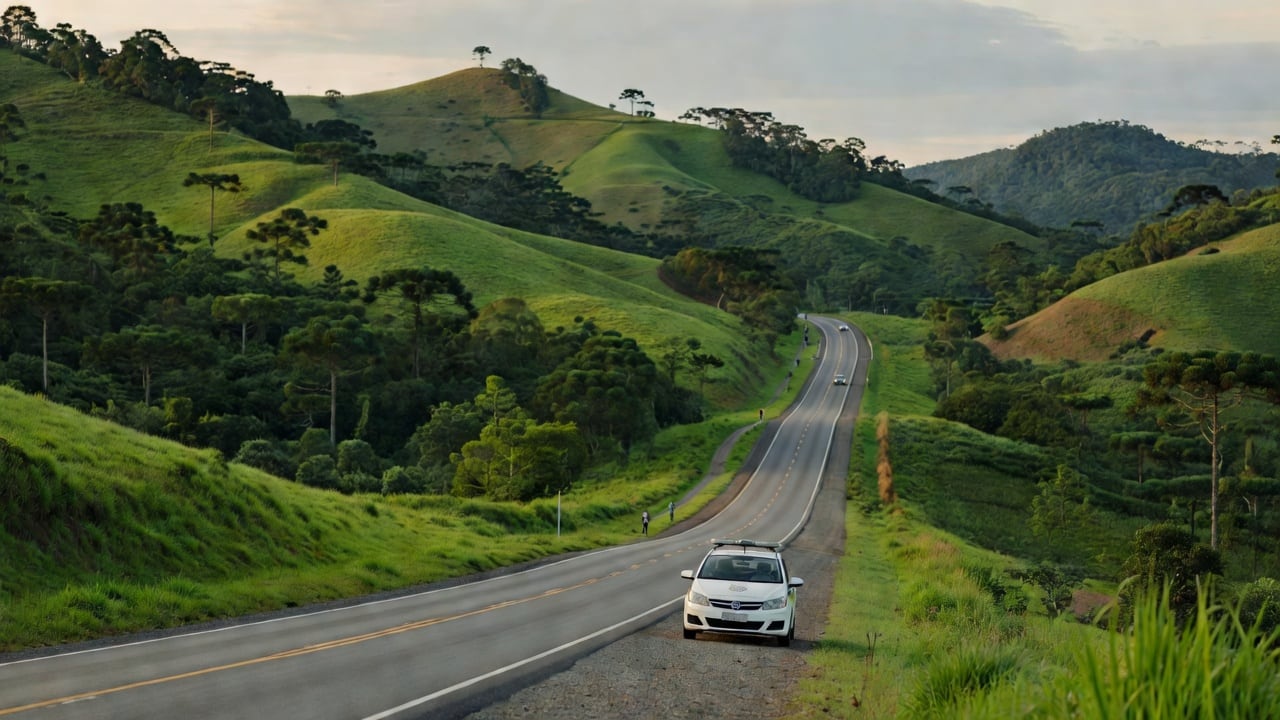 Ilustração do Bairrista sobre: wide view of a two-lane highway through green hills of the Brazilian Serra Gaúcha at late afternoon, a white official patrol car parked on t
