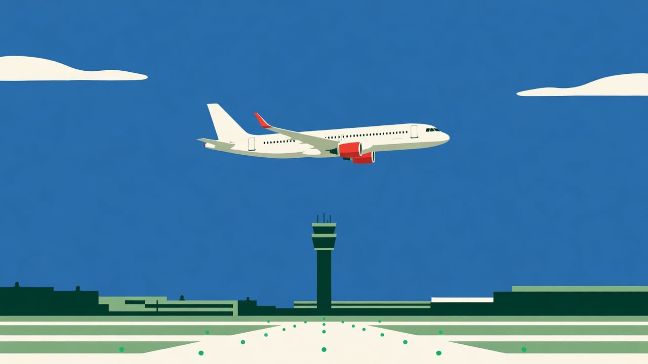 Ilustração do Bairrista sobre: Symbolic, non-literal editorial illustration (no reenactment of the event, no people): A generic white commercial jet with red engine accent