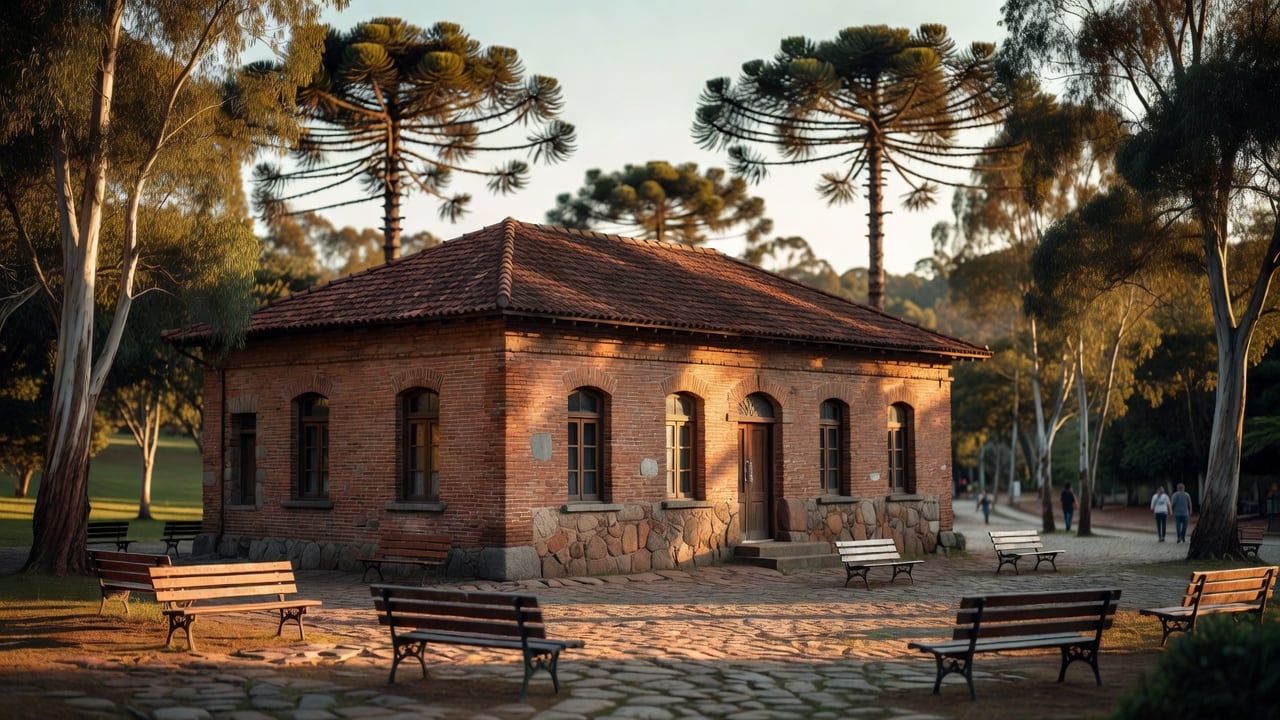 Ilustração do Bairrista sobre: Exterior of a traditional brick and stone museum building in a small southern Brazilian town at golden hour, with a few empty benches and ta