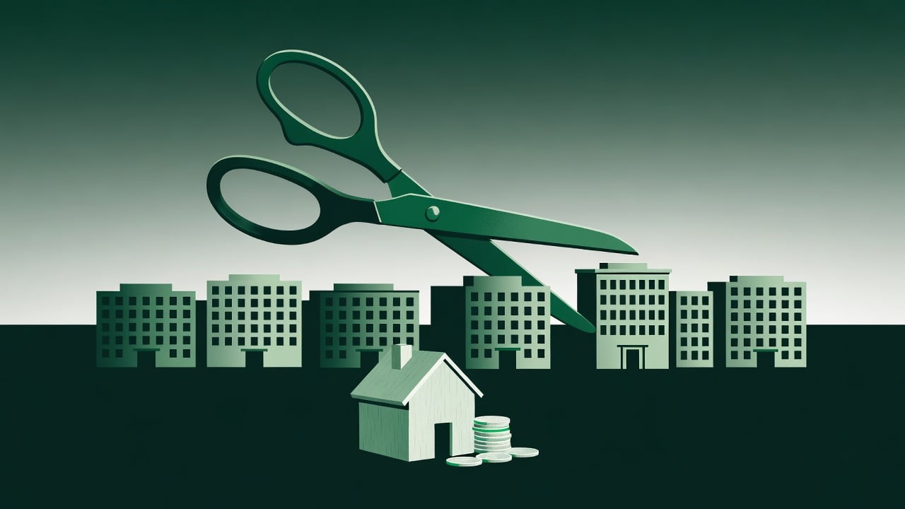 Ilustração do Bairrista sobre: Symbolic, non-literal editorial illustration (no reenactment of the event, no people): A pair of oversized metal scissors hovers above a row