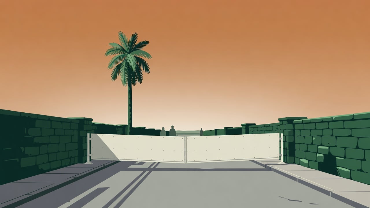 Ilustração do Bairrista sobre: Symbolic, non-literal editorial illustration (no reenactment of the event, no people): A quiet, empty city street at dusk, lined with low st