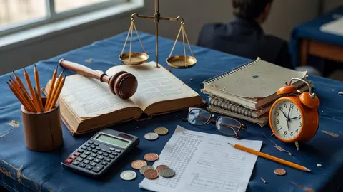 Materiais de estudo sobre superfície azul texturizada: livro aberto, martelo de madeira, balança de latão e óculos.