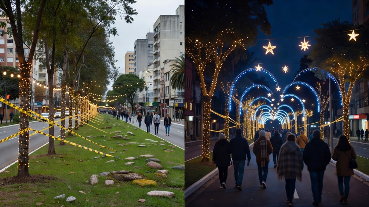 Imagem: Bairrista/IA. Ilustração sobre: A tree-lined city avenue in daytime, with slender trunks wrapped in warm string lights and yellow tape, a grassy median with stones, and mid