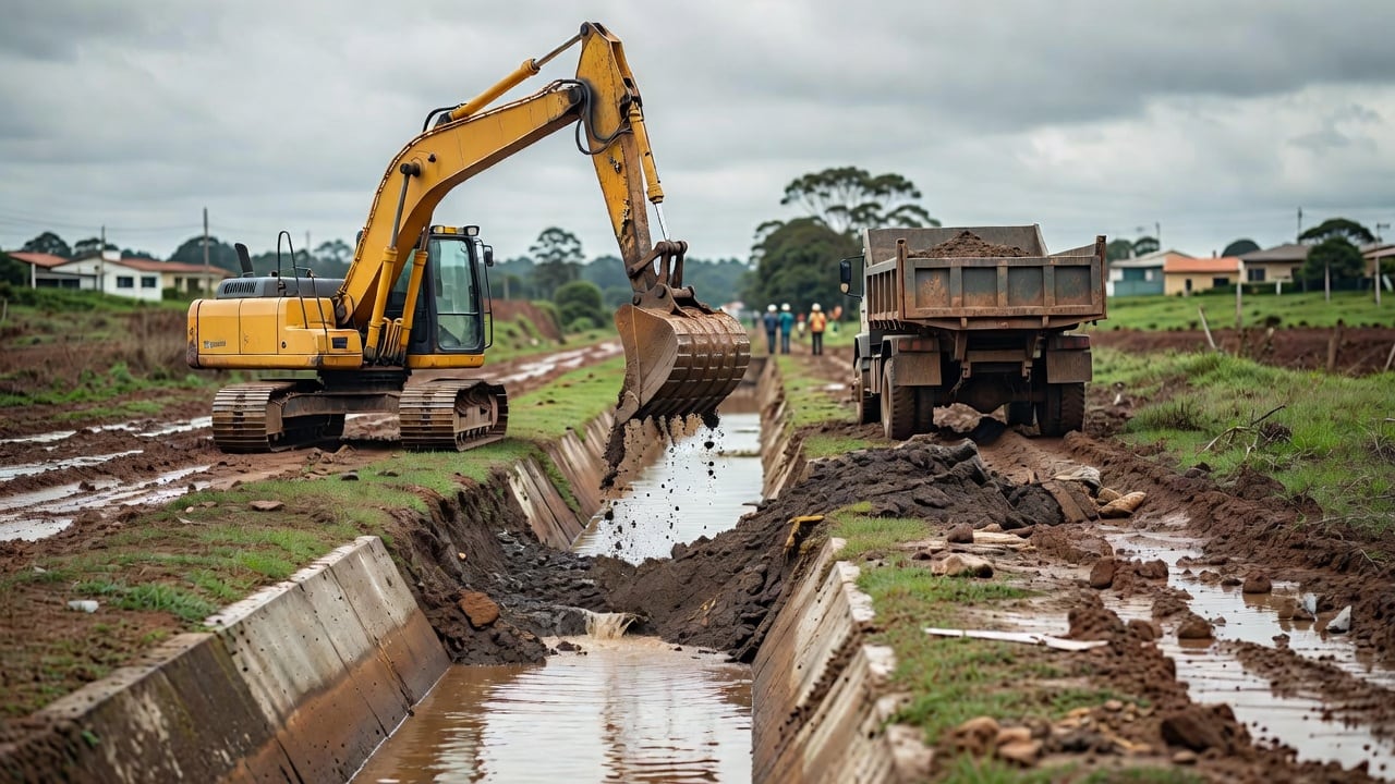 Ilustração do Bairrista sobre: Wide view of an open concrete drainage ditch in a suburban neighborhood in southern Brazil, a yellow excavator with a long arm lifting dark