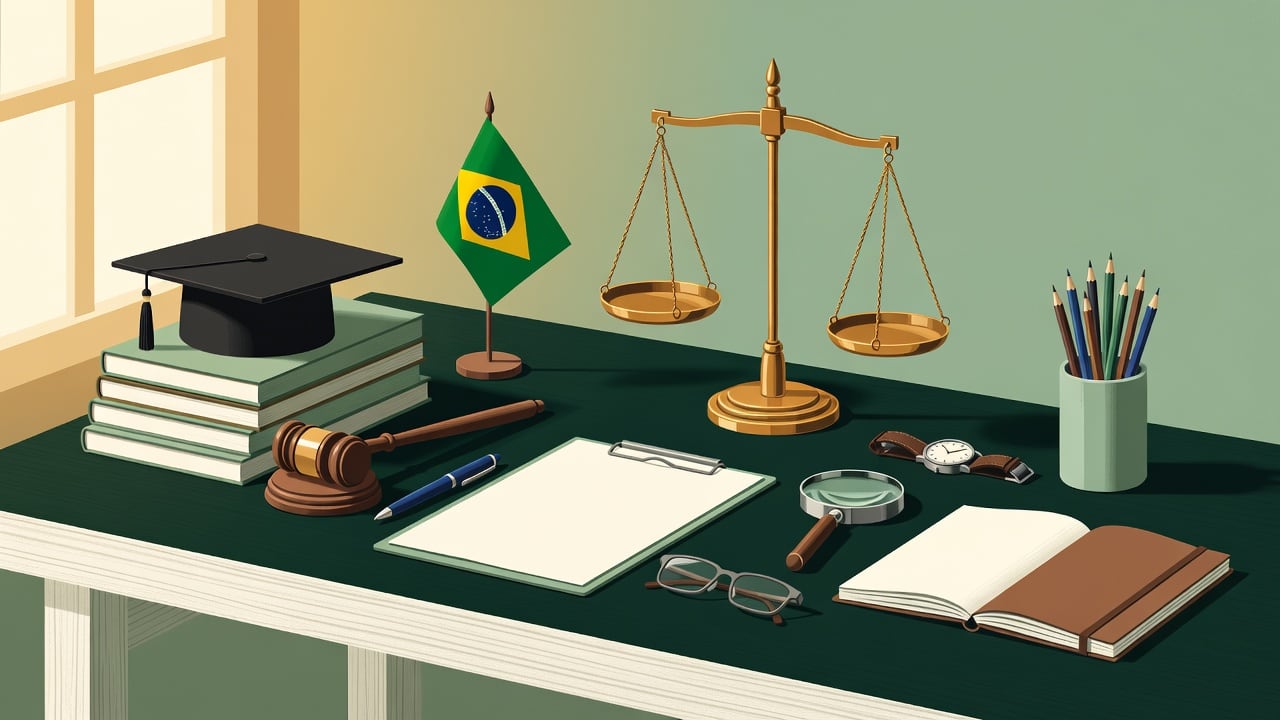 Ilustração do Bairrista sobre: A wooden desk with a graduation cap on stacked books, brass justice scales, a wooden gavel, a small Brazilian flag, a blank form on a clipbo