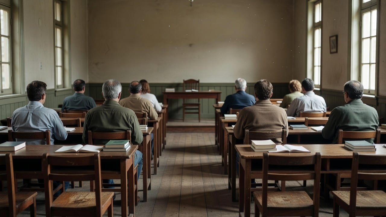 Ilustração do Bairrista sobre: Interior of a small municipal council chamber in southern Brazil, rows of wooden chairs facing a speaker's table, soft morning light from ta