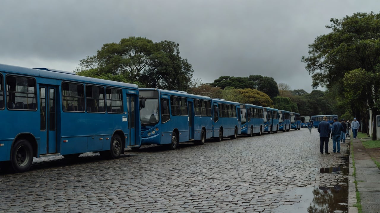 Ilustração do Bairrista sobre: A row of parked blue city buses at an empty depot on a cloudy morning, with a few small groups of workers standing near the curb, leafy tree