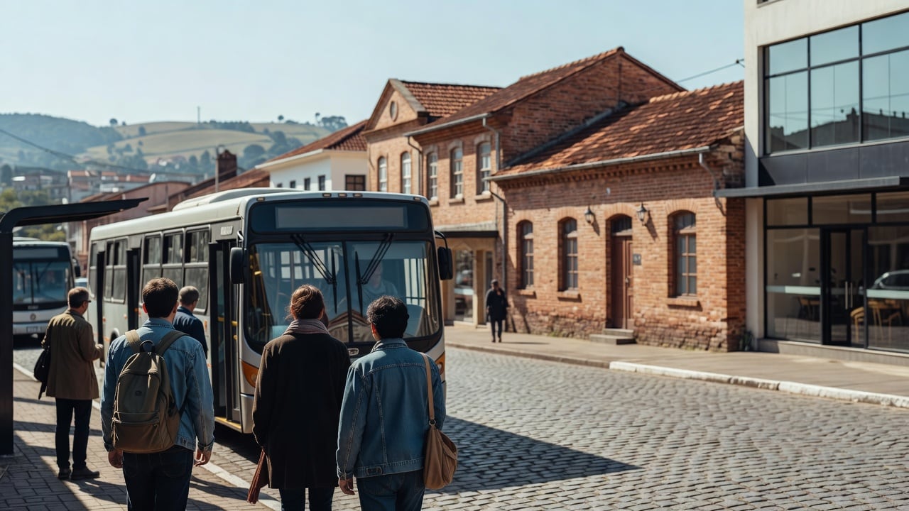 Ilustração do Bairrista sobre: Urban bus stopped at a city-center bus stop in a hilly southern Brazilian town, passengers boarding through the open front door on a sunny S
