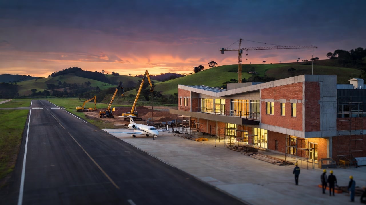 Ilustração do Bairrista sobre: Modern regional airport terminal under construction at dusk, with angular brick and concrete facades, warm glowing windows, a long runway wi