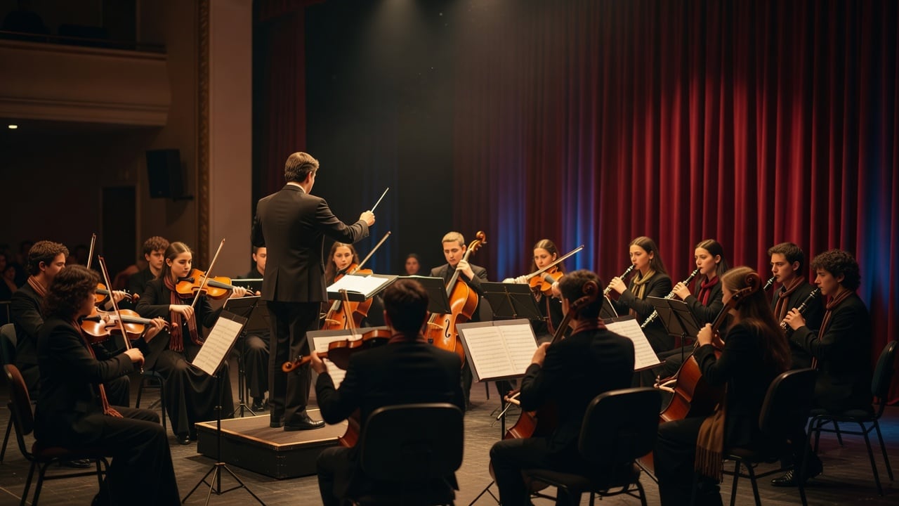 Ilustração do Bairrista sobre: A warm-lit concert hall stage with a youthful symphonic ensemble of strings and wind instruments, music stands, a conductor, and a dark red