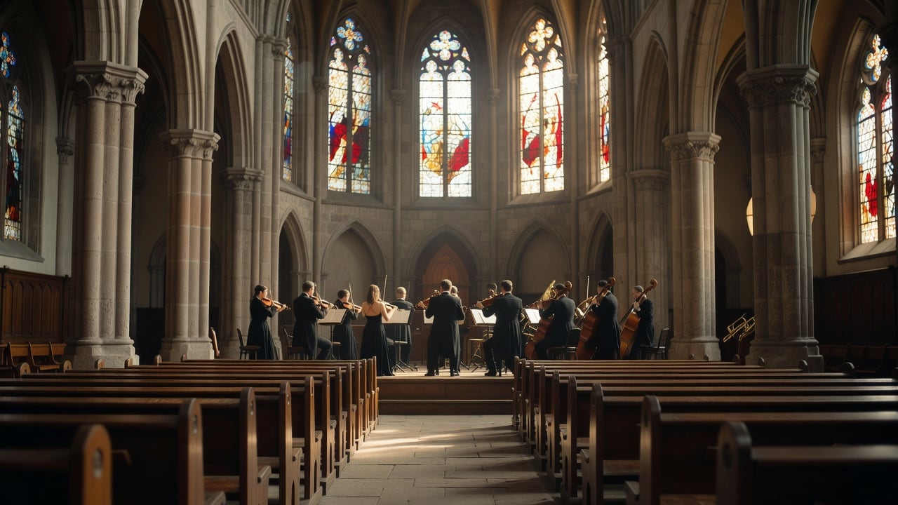 Ilustração do Bairrista sobre: Interior of a Gothic-style cathedral in a small southern Brazilian town, rows of wooden pews and a symphony orchestra on a raised stage in w