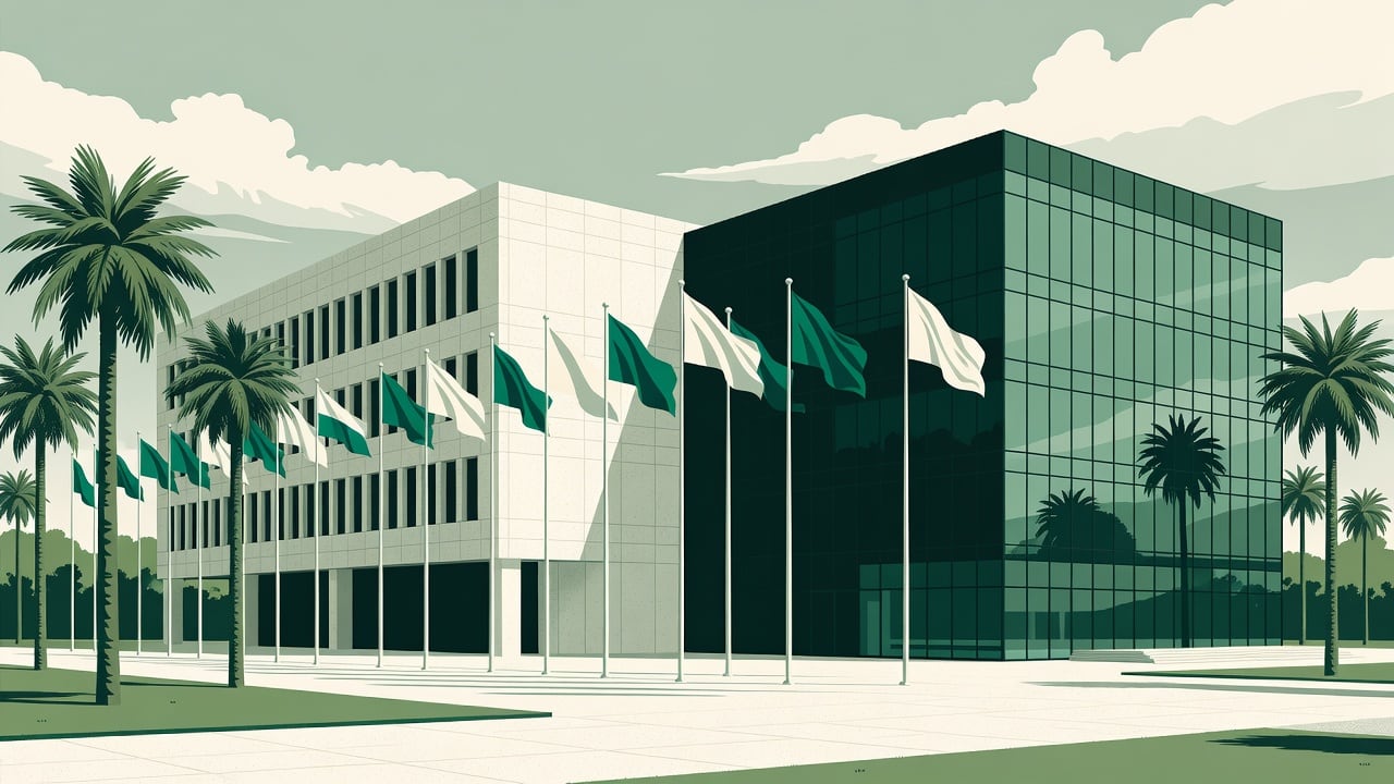 Ilustração do Bairrista sobre: Symbolic, non-literal editorial illustration (no reenactment of the event, no people): A modern sports administration office building with a