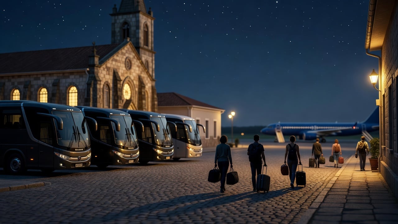 Ilustração do Bairrista sobre: A row of three large coaches parked at dusk on a small-town church square, warm lamplight spilling from a stone church facade onto the stree