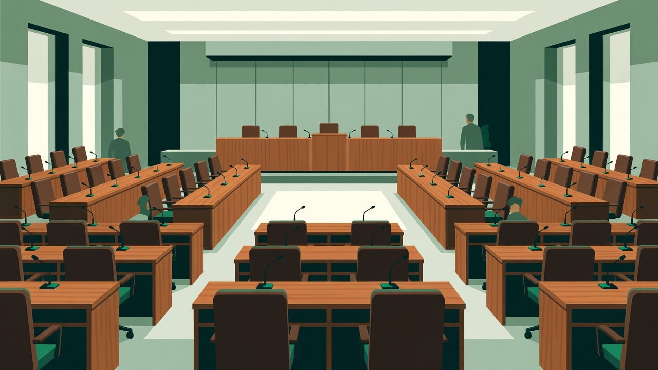 Ilustração do Bairrista sobre: Wide interior view of a Brazilian municipal council chamber during a plenary session, rows of wooden desks with microphones and empty leathe