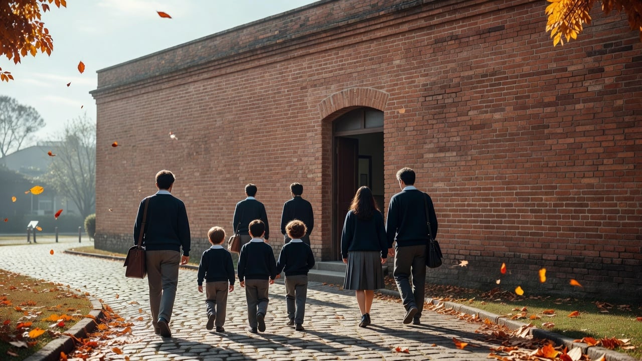 Ilustração do Bairrista sobre: Wide view of a brick public primary school facade in a small southern Brazilian city on a bright autumn morning, with a few children in scho