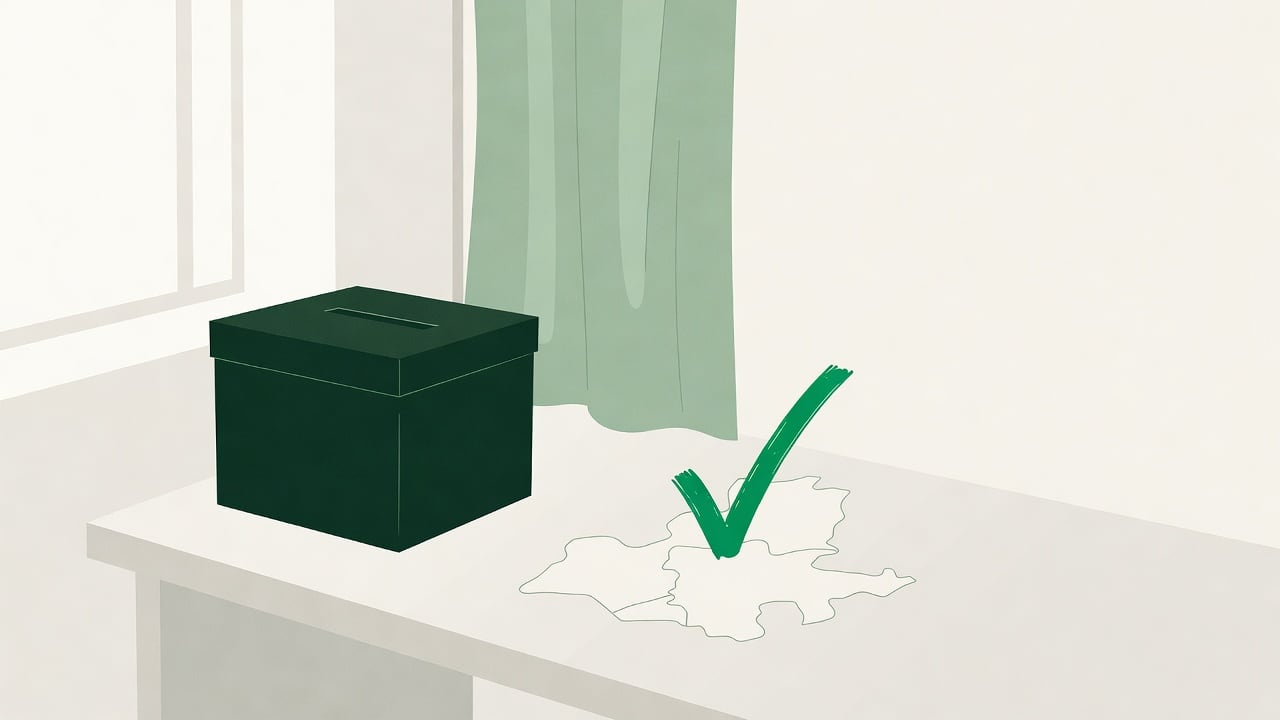 Ilustração do Bairrista sobre: Symbolic, non-literal editorial illustration (no reenactment of the event, no people): A simple ballot box beside a voting booth curtain in
