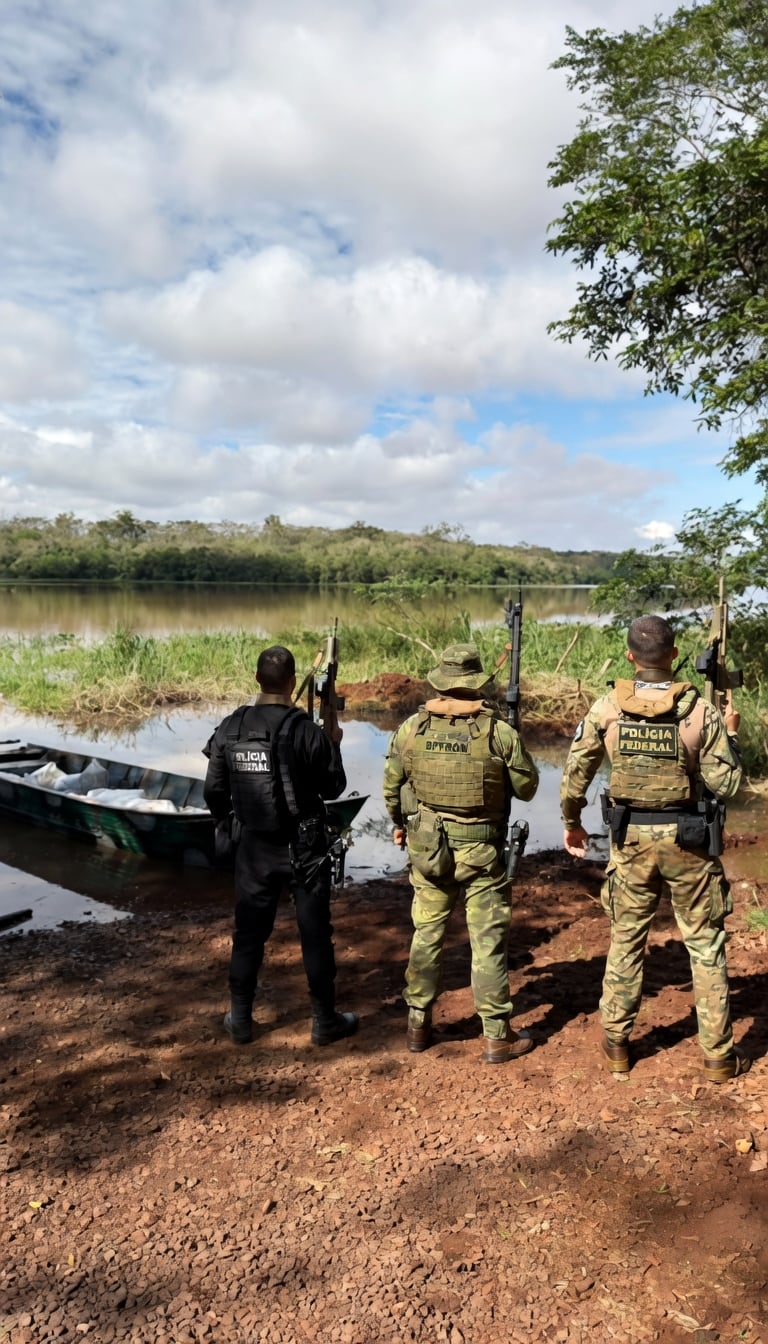 Agentes da PF e da PM/PR às margens de um rio, ao lado de embarcação com carga apreendida em operação contra agrotóxicos ilegais.