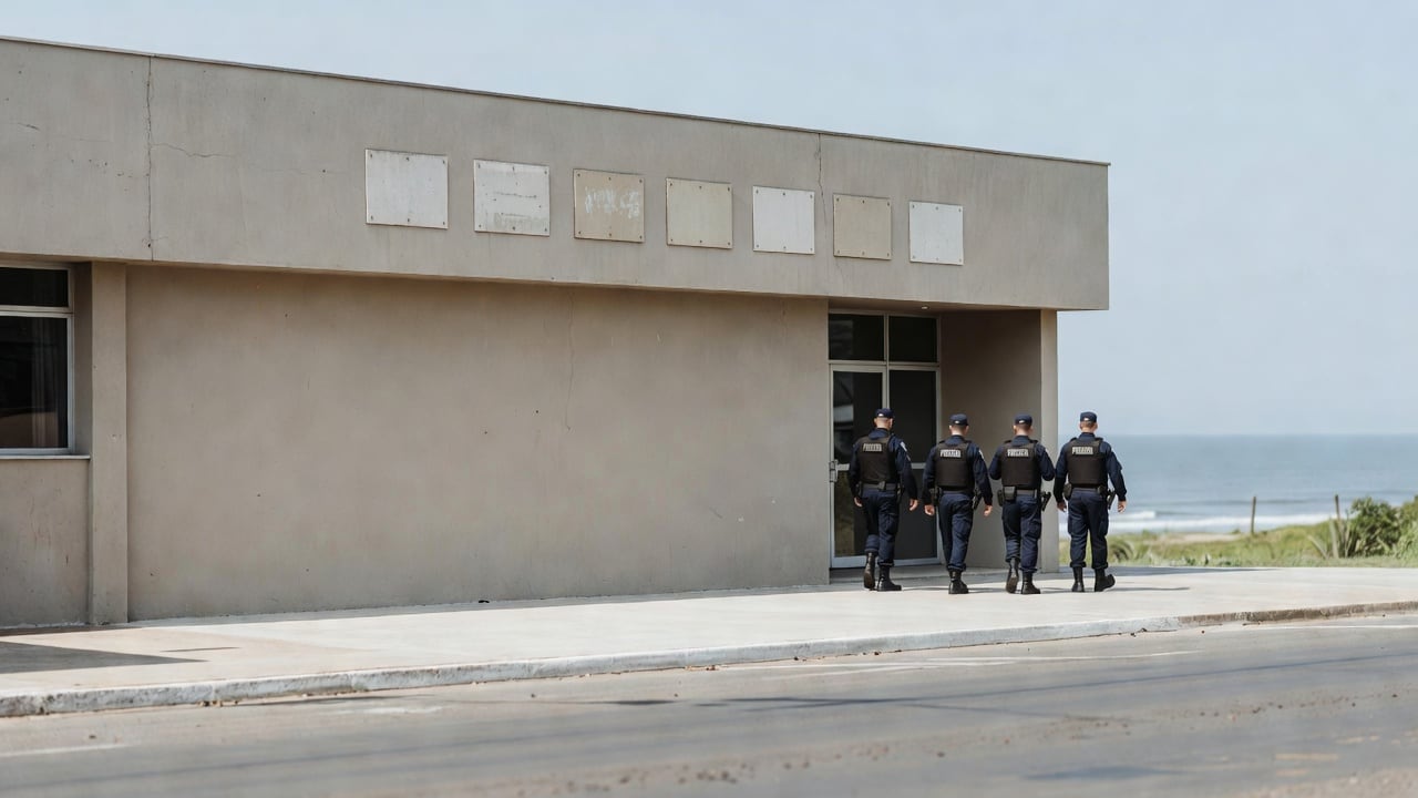 Ilustração do Bairrista sobre: Exterior of a federal police building in a coastal Brazilian city under daylight, plain facade with institutional signage removed, a few off