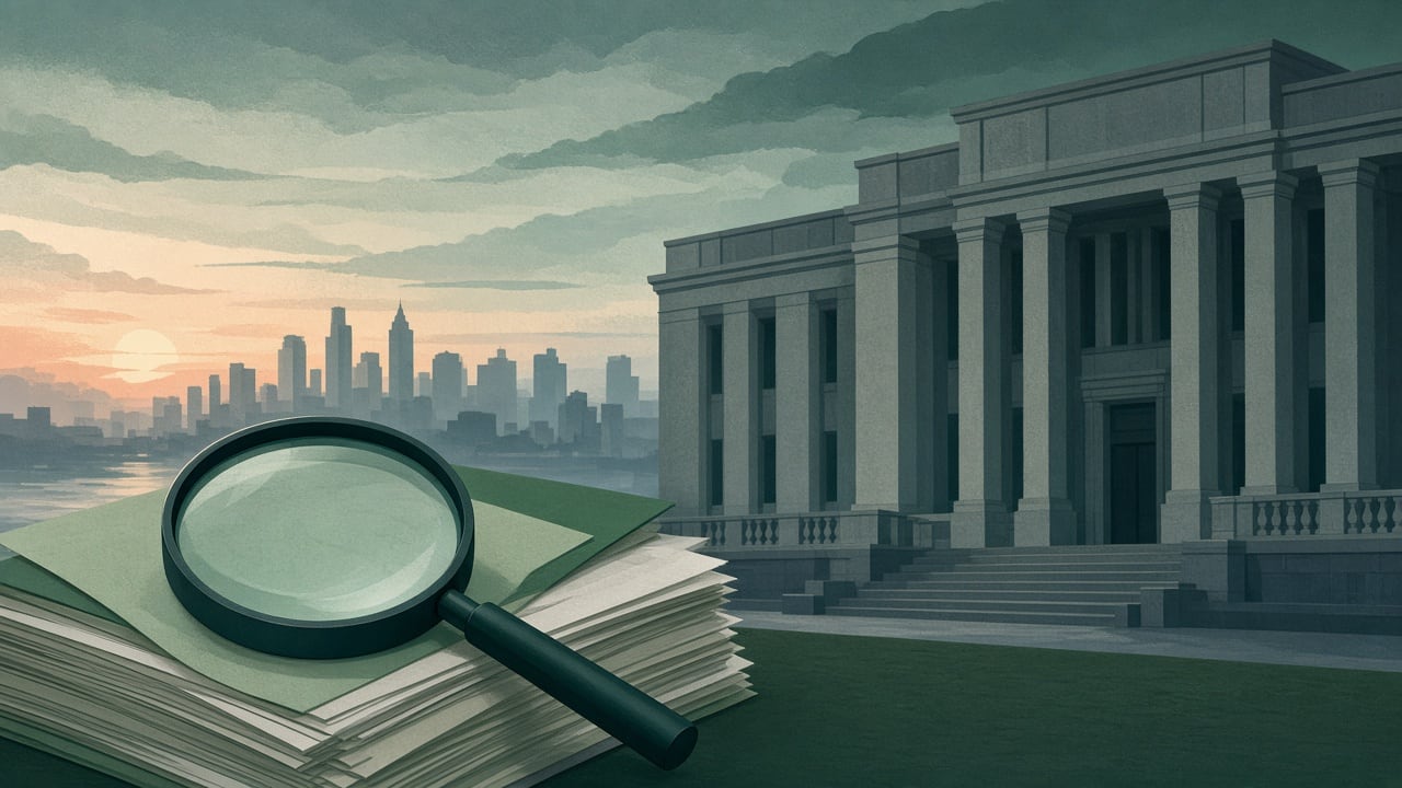 Ilustração do Bairrista sobre: Symbolic, non-literal editorial illustration (no reenactment of the event, no people): Symbolic scene of a stern modern government bank buil