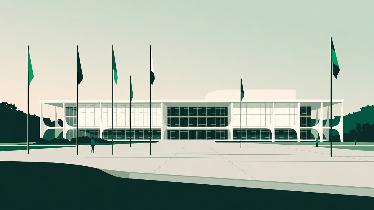 Ilustração do Bairrista sobre: wide exterior view of a modern government building with clean white facade and flags at dawn in Brasilia, empty courtyard, soft morning ligh