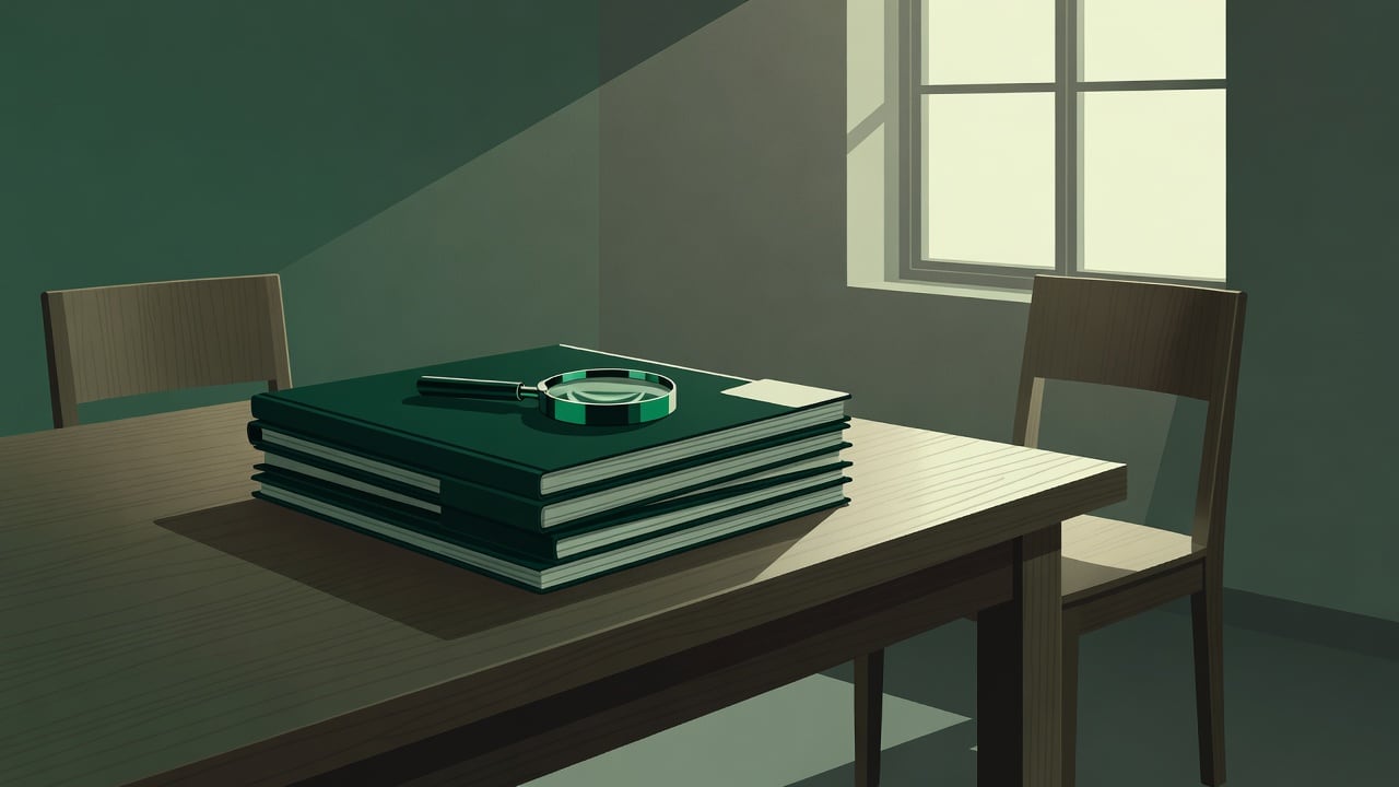 Ilustração do Bairrista sobre: Symbolic, non-literal editorial illustration (no reenactment of the event, no people): A stack of closed, unlabeled legal folders on a polis