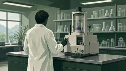 Ilustração: Interior de laboratório científico de universidade, com pesquisador de jaleco branco de costas ajustando