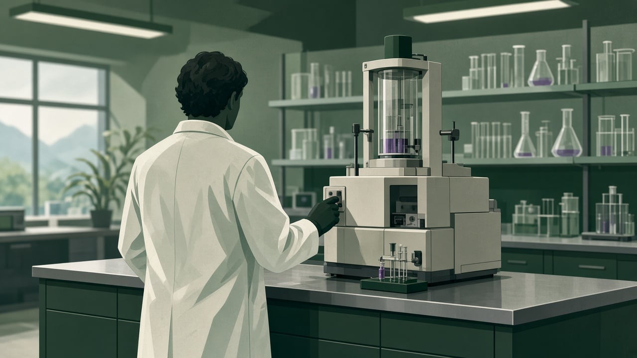 Ilustração do Bairrista sobre: Interior of a modern university science laboratory in southern Brazil, a researcher in a white coat seen from behind adjusting an imported s