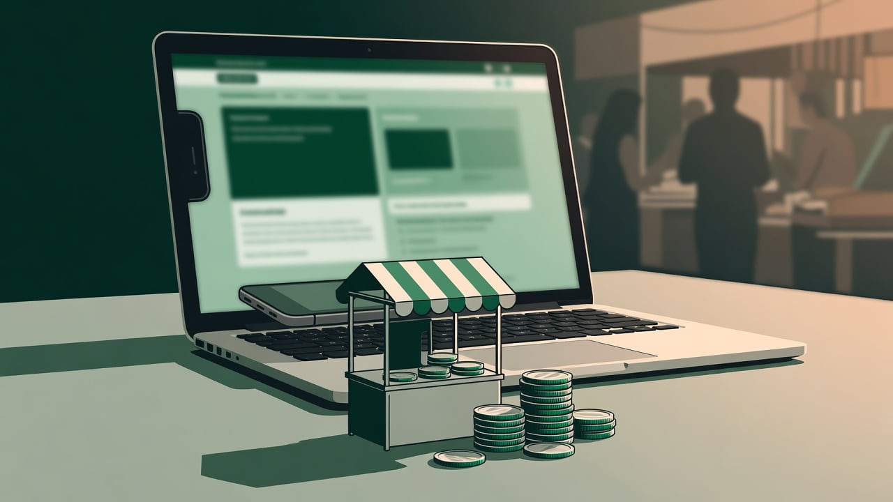 Ilustração do Bairrista sobre: A smartphone resting on a laptop screen showing a blurred web portal, with a small street-market stall and a stack of coins in the foregroun