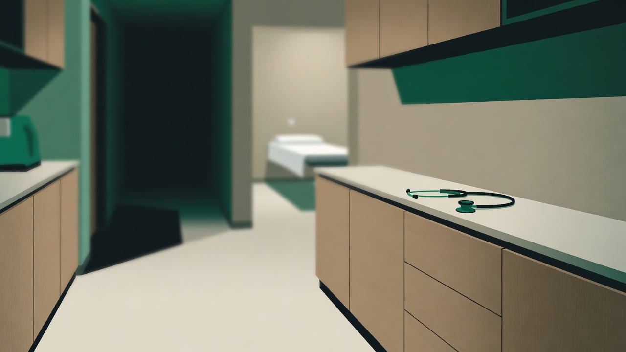 Ilustração do Bairrista sobre: Symbolic, non-literal editorial illustration (no reenactment of the event, no people): Empty modern clinic corridor at dusk, warm beige wall