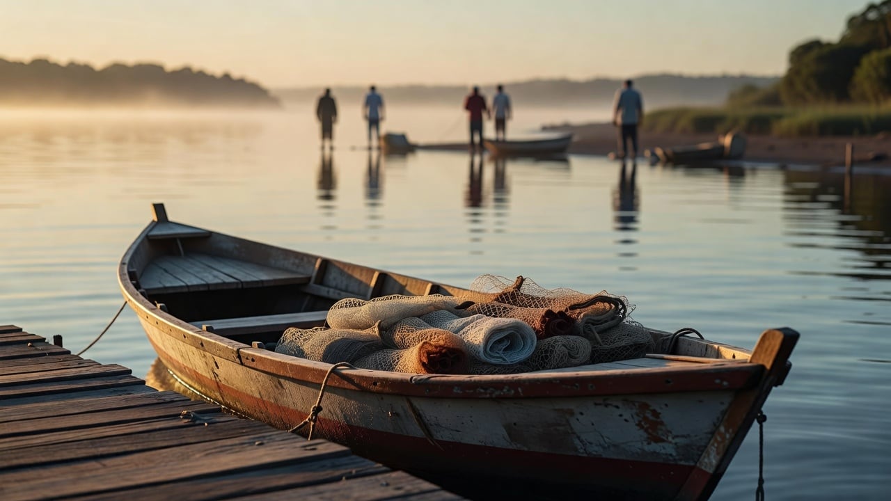 Ilustração do Bairrista sobre: Small wooden artisanal fishing boat with rolled gillnets on deck docked at a modest pier in southern Brazil at early morning, fishermen's si