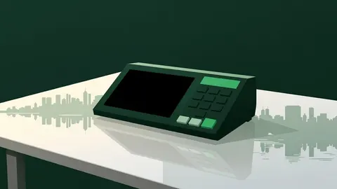 Ilustração: uma urna eletrônica sobre uma mesa, com a tela acesa e a silhueta de uma cidade ao fundo
