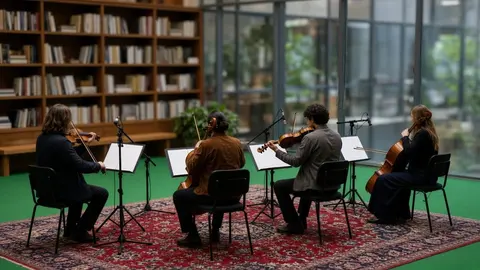 Ilustração: quarteto de cordas tocando em palco interno, com estantes de partitura, microfones e tapete vermelho e azul sobre