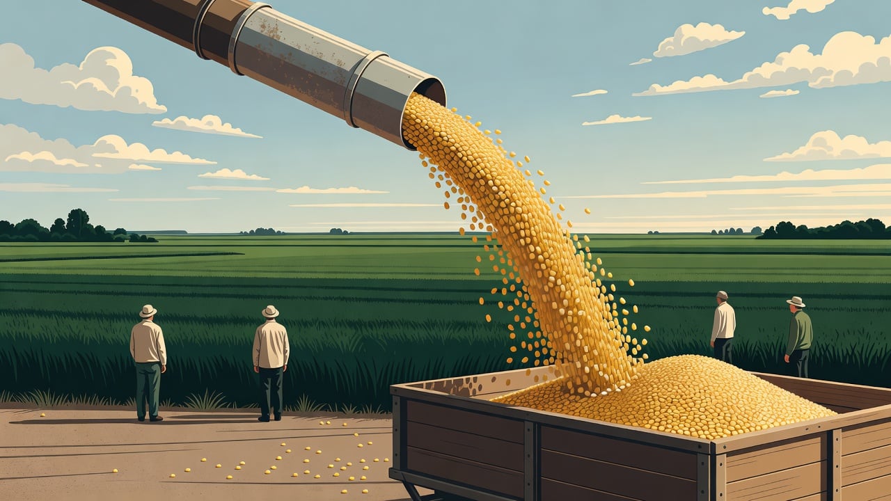Ilustração do Bairrista sobre: A heap of golden corn kernels pouring from a metal chute into an open cart on a farm at golden hour, with a flat rural landscape of fields a