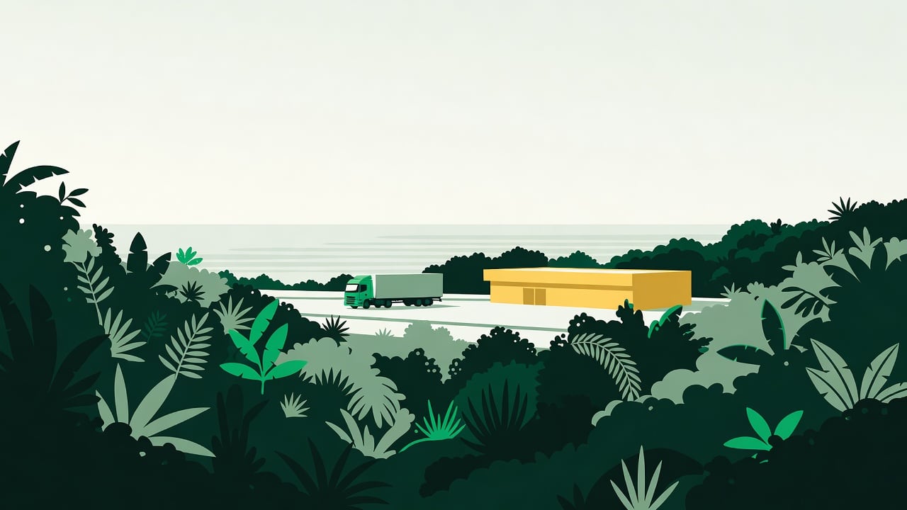 Ilustração do Bairrista sobre: Symbolic, non-literal editorial illustration (no reenactment of the event, no people): A quiet, sunlit highway depot on Brazil's southern co