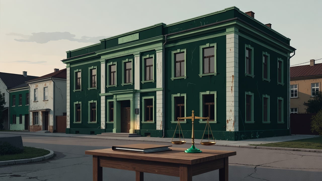 Ilustração do Bairrista sobre: Symbolic, non-literal editorial illustration (no reenactment of the event, no people): A weathered municipal government building facade in a