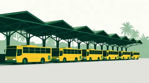 Ilustração: fileira de ônibus urbanos amarelos parados sob uma cobertura, em cena sem pessoas