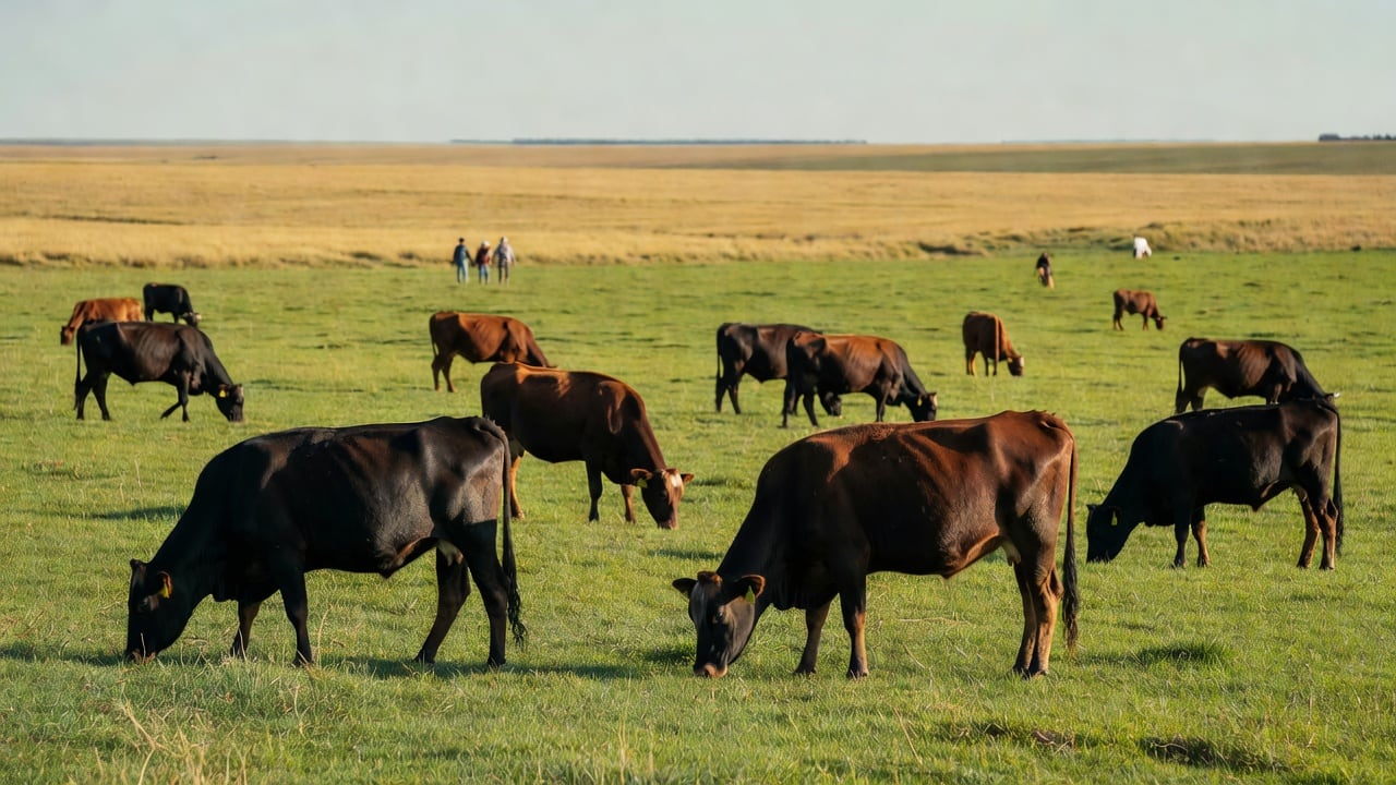 Ilustração do Bairrista sobre: A herd of cattle grazing on a open green pasture under a clear sky, with dry golden fields stretching in the distance and a few cows with ye