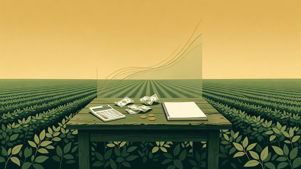 Ilustração do Bairrista sobre: Symbolic, non-literal editorial illustration (no reenactment of the event, no people): A symbolic rural scene: a wooden table in an open soy