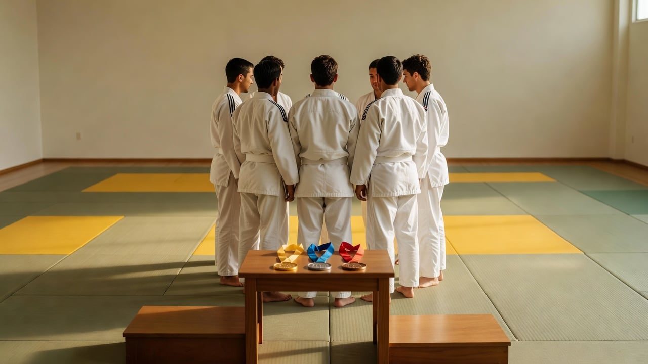 Ilustração do Bairrista sobre: Wide view of a bright indoor martial arts tatami mat with a small group of athletes in white and colored gis standing together near a podium
