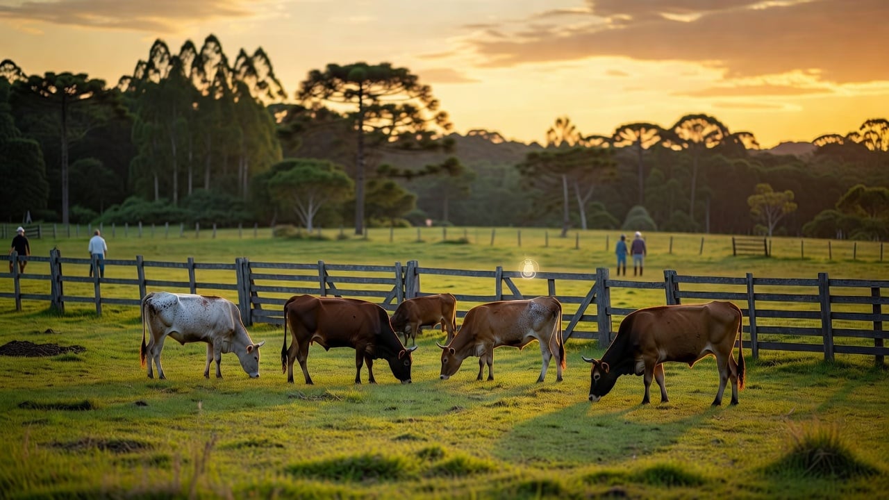 Ilustração do Bairrista sobre: A small family farm at golden hour, with a green pasture, a few grazing cattle, a rustic wooden fence and a tree line in the background; a s