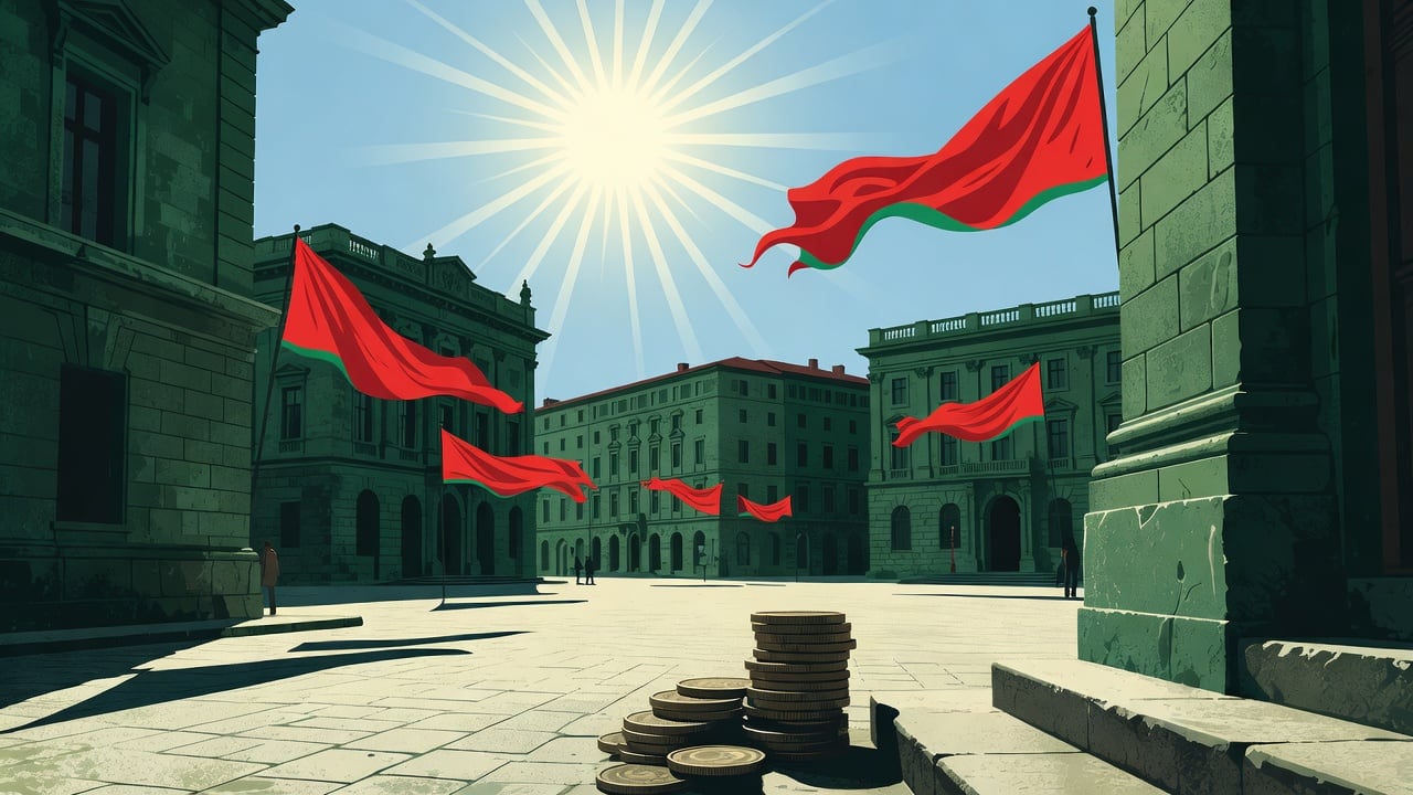 Ilustração do Bairrista sobre: Symbolic, non-literal editorial illustration (no reenactment of the event, no people): A sunlit urban square with weathered stone civic buil