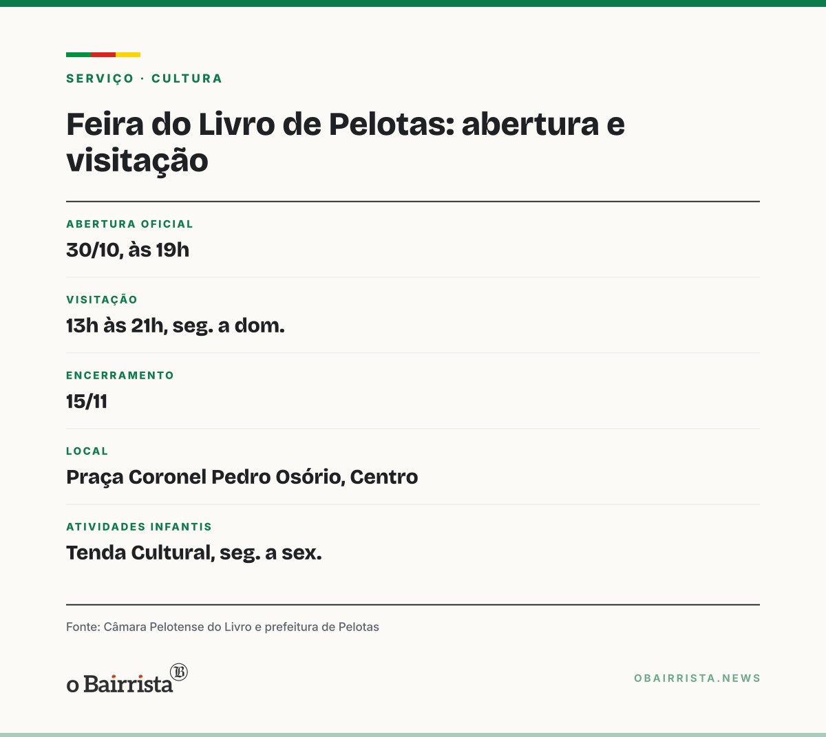 Quadro: 52ª Feira do Livro de Pelotas ganha estrutura na praça e abre em 30 de outubro