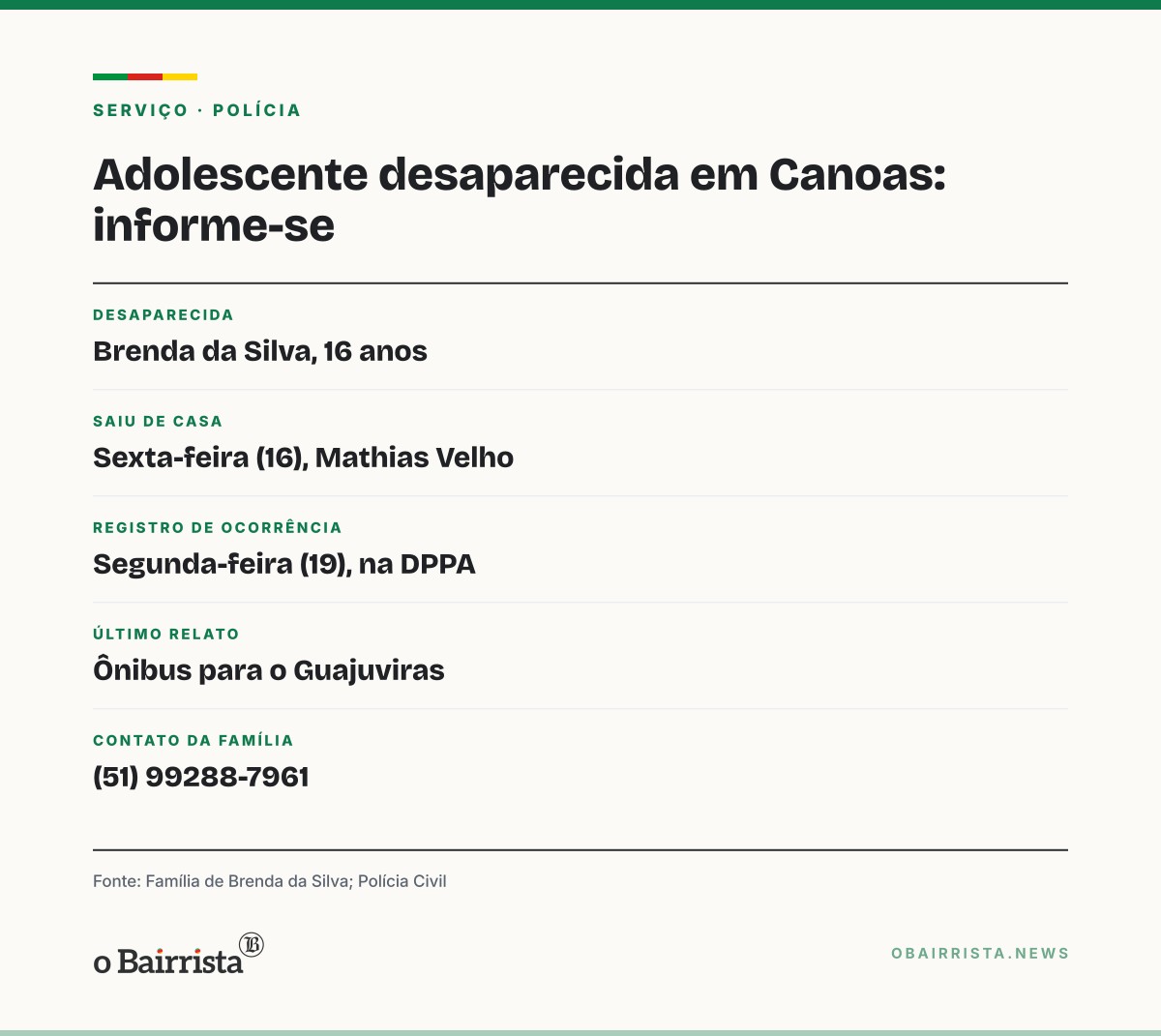 Quadro: Adolescente de 16 anos está desaparecida há quatro dias no Mathias Velho, em Canoas