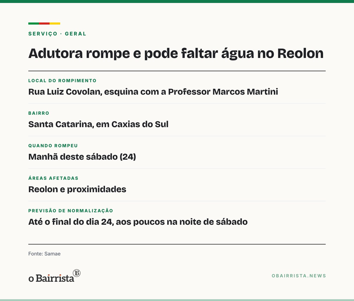 Quadro: Adutora do Samae rompe em obra do Canaliza Caxias e pode faltar água no Reolon