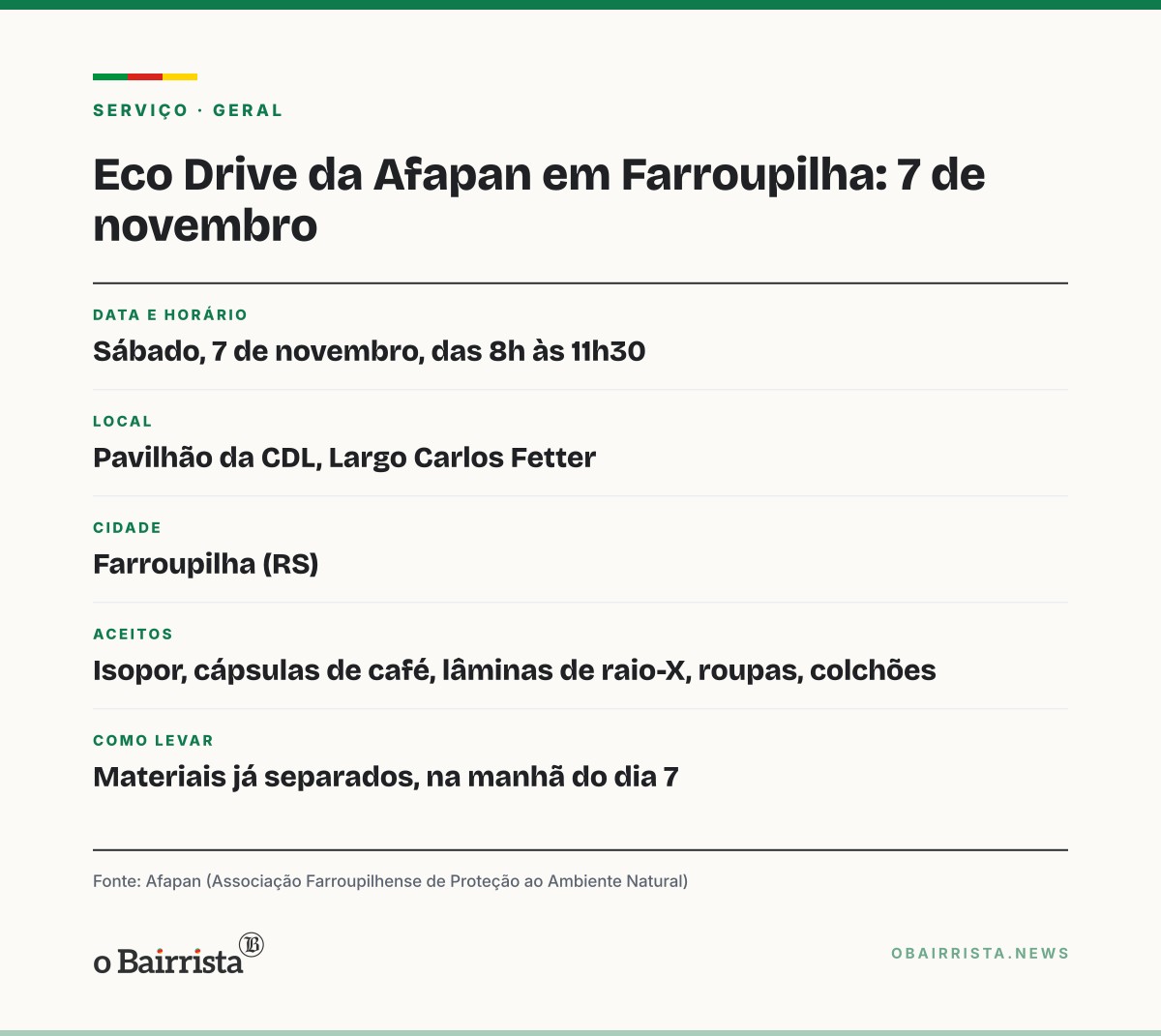 Quadro: Afapan recebe resíduos de difícil descarte no Eco Drive de Farroupilha em 7 de novembro