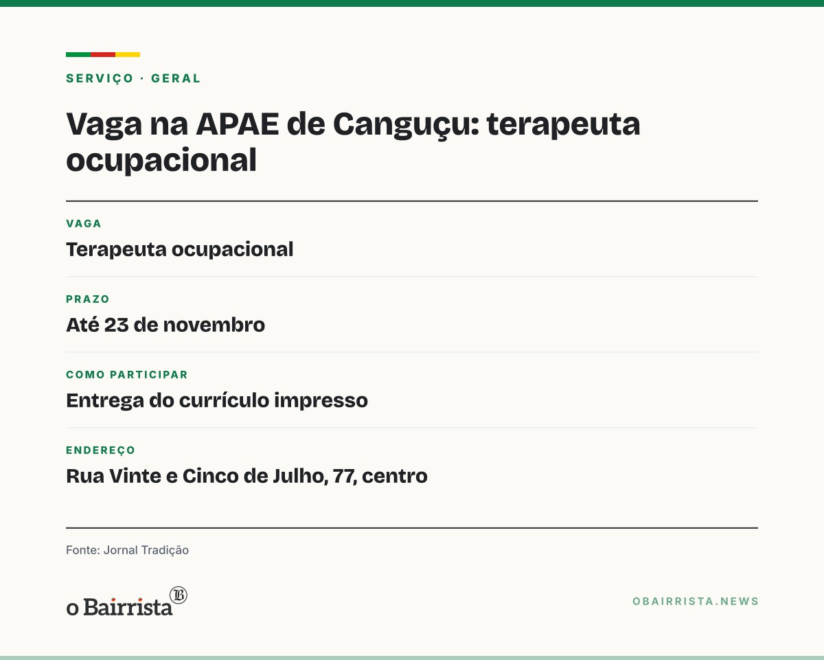 Quadro: APAE de Canguçu abre seleção para terapeuta ocupacional; prazo vai até 23 de novembro
