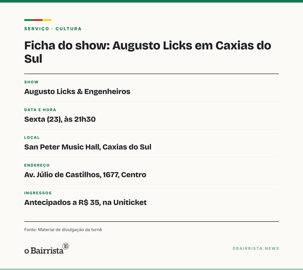 Quadro: Augusto Licks toca clássicos dos Engenheiros do Hawaii nesta sexta (23) em Caxias do Sul
