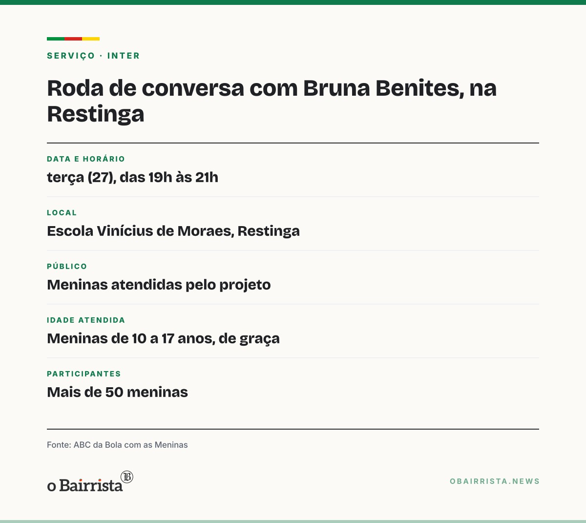 Quadro: Bruna Benites, do Inter, faz roda de conversa com mais de 50 meninas na Restinga