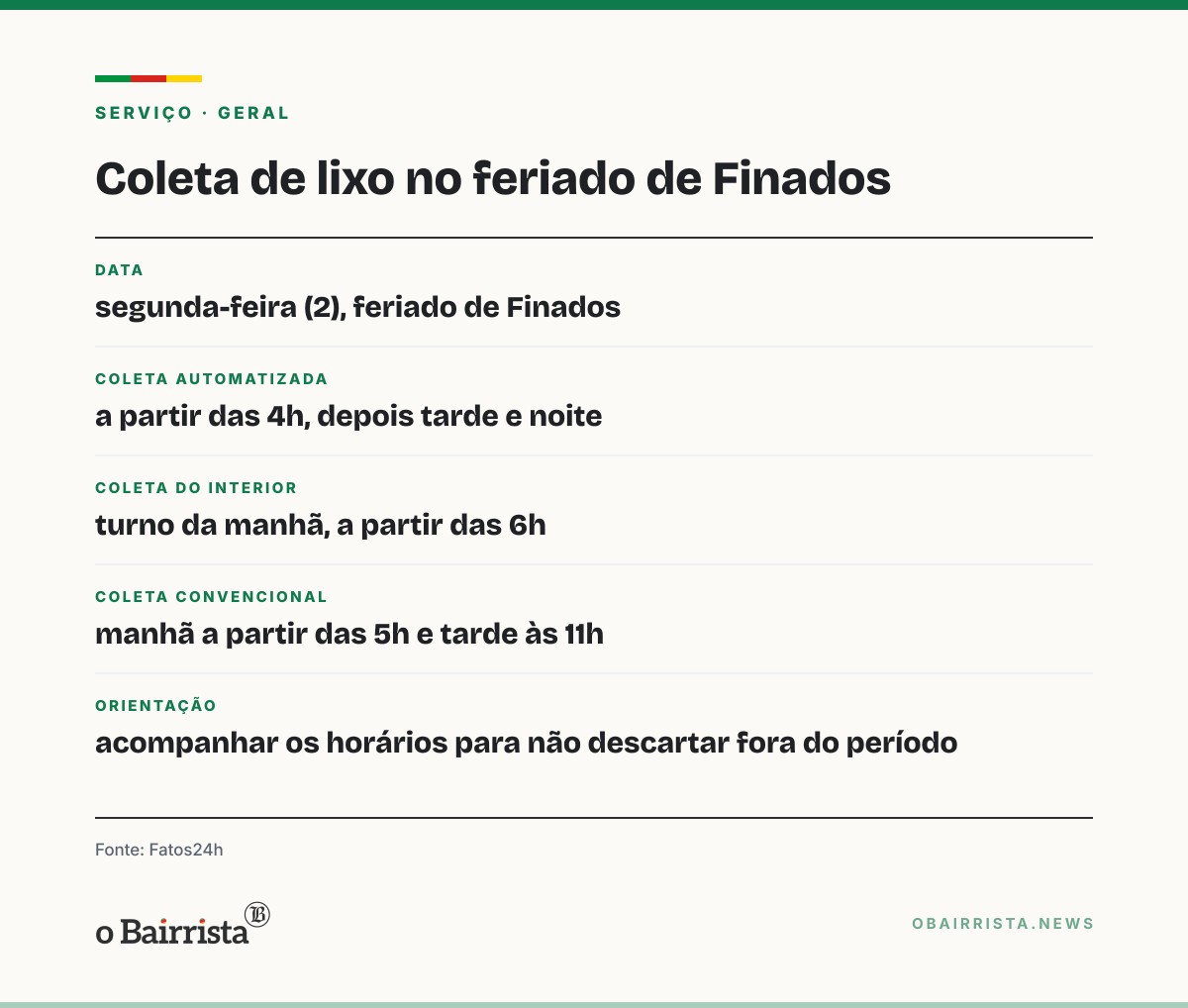 Quadro: Cachoeira do Sul: coleta de lixo tem horário especial no feriado de Finados