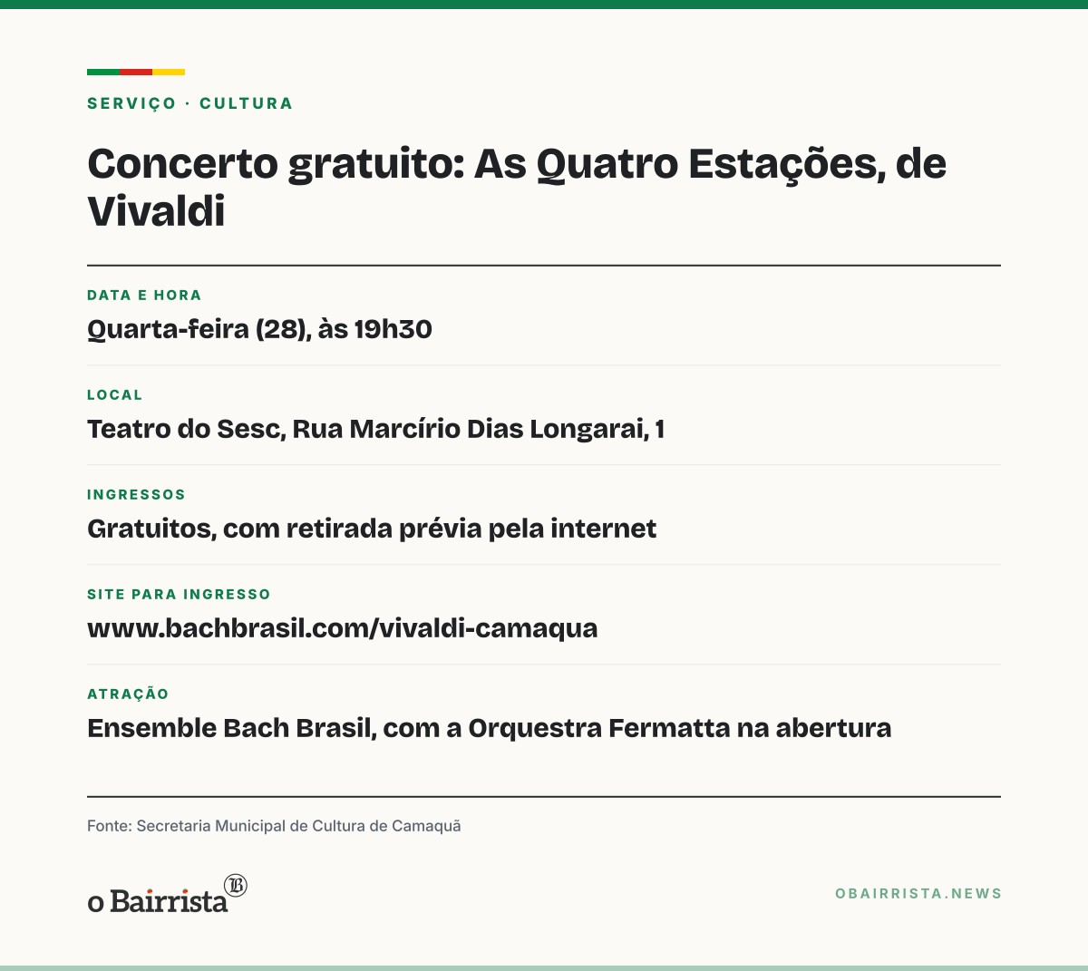 Quadro: Camaquã tem concerto gratuito de Vivaldi com instrumentos barrocos na quarta (28)